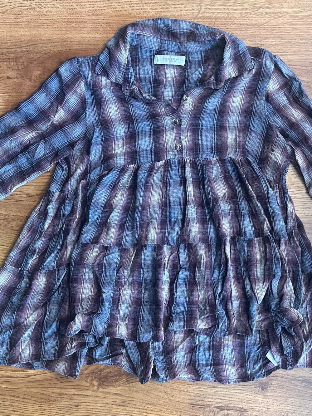 Lucky Brand Purple Plaid Tiered Button Tunic